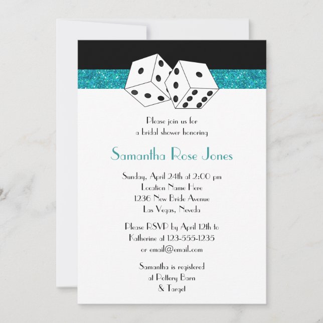 Las Vegas Wedding Bridal Shower Teal Dice Theme Invitation (Front)