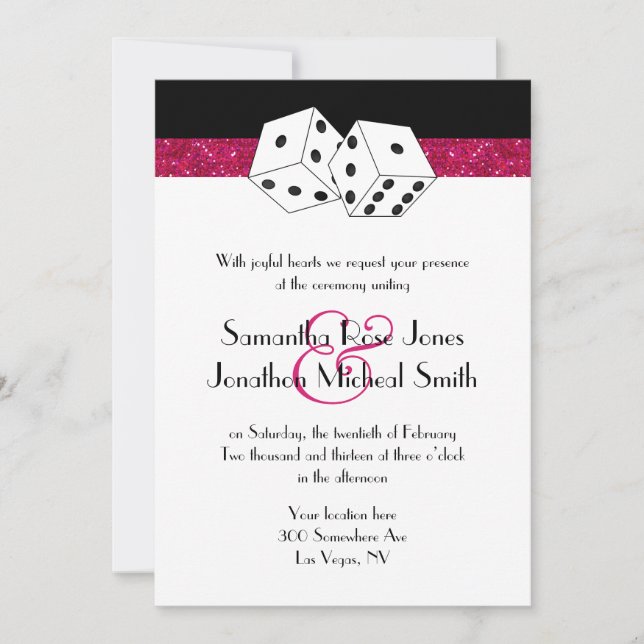 Las Vegas Wedding Dice Theme Hot Pink Faux Glitter Invitation (Front)