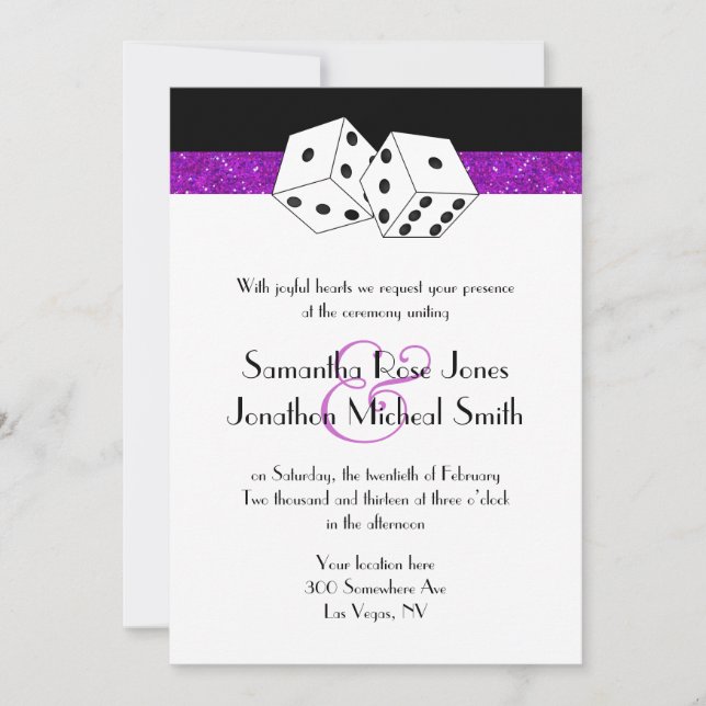 Las Vegas Wedding Dice Theme Purple Faux Glitter Invitation (Front)