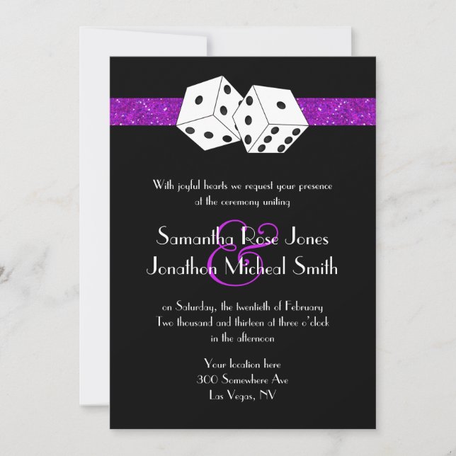 Las Vegas Wedding Dice Theme Purple Faux Glitter Invitation (Front)