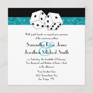 Las Vegas Wedding Dice Theme Teal Blu Faux Glitter Invitation