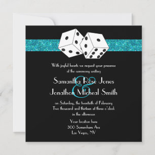 Las Vegas Wedding Dice Theme Teal Blu Faux Glitter Invitation