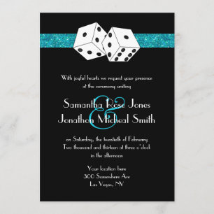 Las Vegas Wedding Dice Theme Teal Blu Faux Glitter Invitation