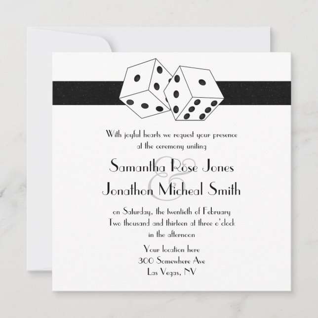 Las Vegas Wedding Dice Theme White and Black Invitation (Front)