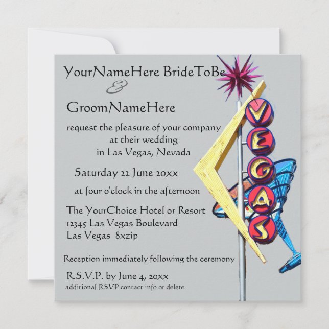Las Vegas Wedding Neon Sign on Silver Grey Invitation (Front)