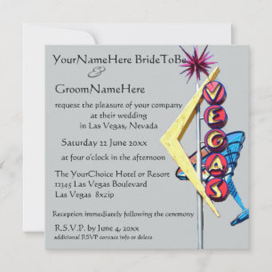 Las Vegas Wedding Neon Sign on Silver Grey Invitation