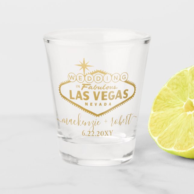 Las Vegas Wedding Personalised Script Favour Gold Shot Glass (Front)