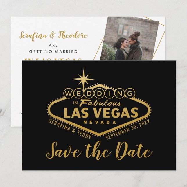 Las Vegas Wedding Photo Save the Date Black Gold (Front/Back)