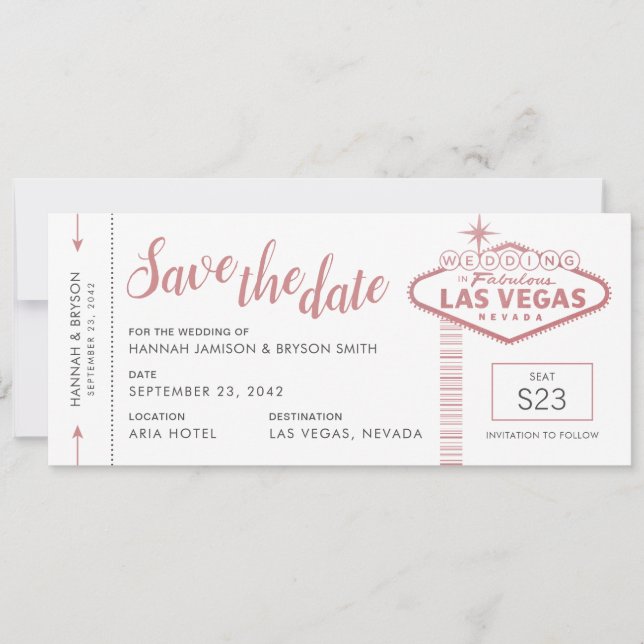 Las Vegas Wedding Plane Ticket Save the Date Card (Front)