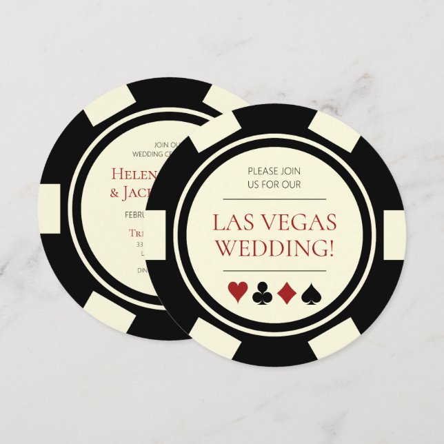 Las Vegas Wedding Poker Chip Black Cream White Invitation (Front/Back)