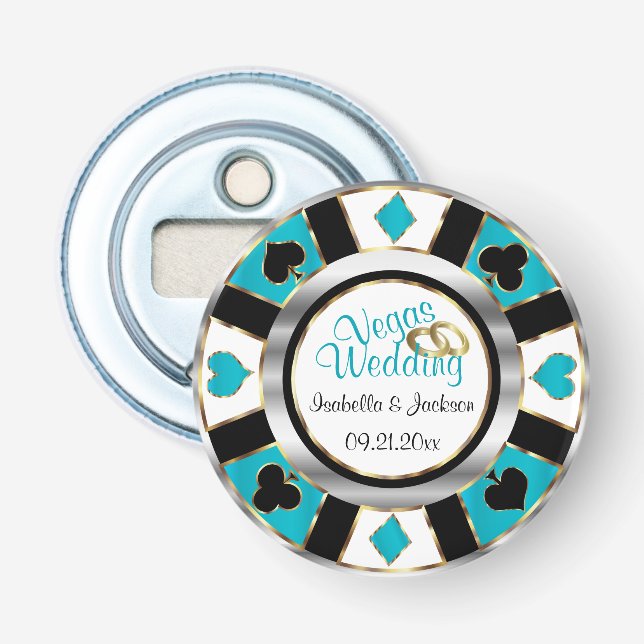 Las Vegas Wedding - Silver, White & Turquoise Bottle Opener (Front)