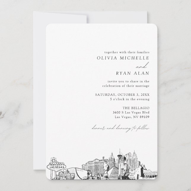 Las Vegas Wedding Skyline Sketch Invitation (Front)