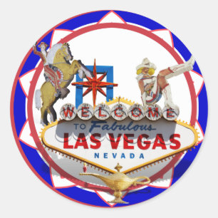 Las Vegas Welcome Sign Red & Blue Poker Chip Classic Round Sticker
