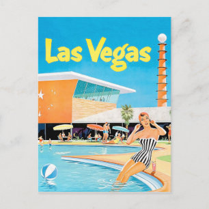 Las Vegas, woman by the pool, vintage, travel Postcard