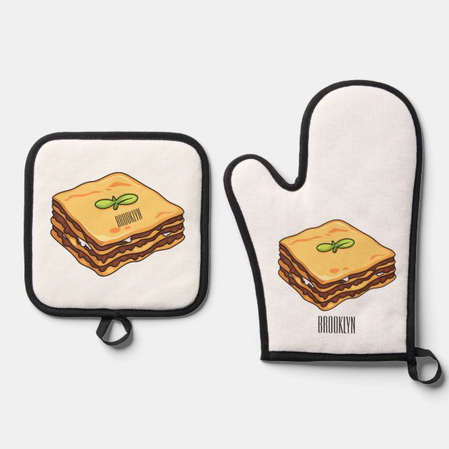 Lasagne cartoon illustration  oven mitt & pot holder set (Front)