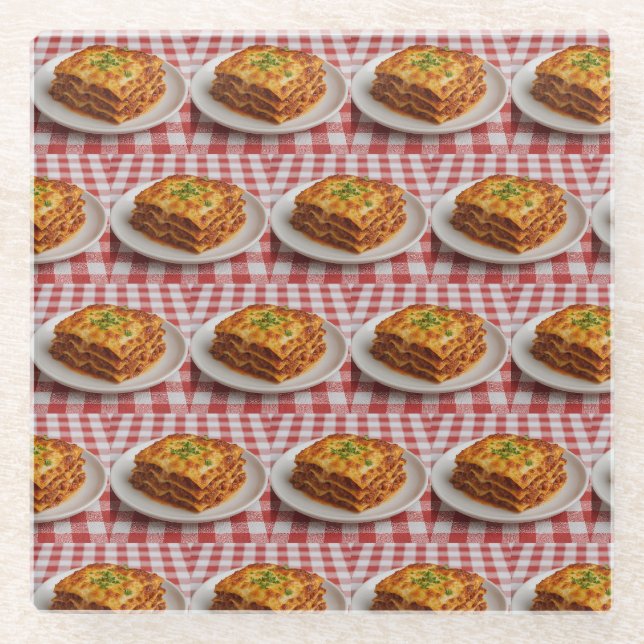 Lasagne Red White Tablecloth Glass Coaster (Front)