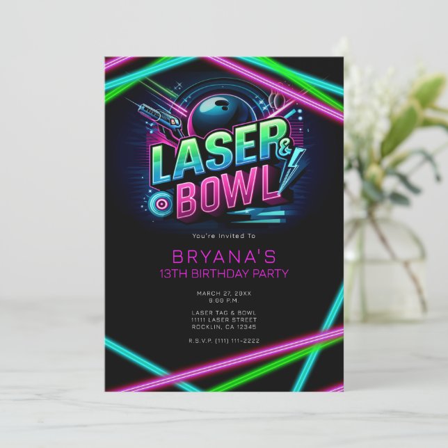 Laser & Bowl Laser Tag Bowling Birthday Party Invitation (Standing Front)