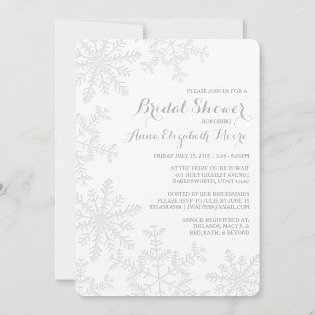 Laser Cut Silver Snowflakes Winter Bridal Shower Invitation (Front)