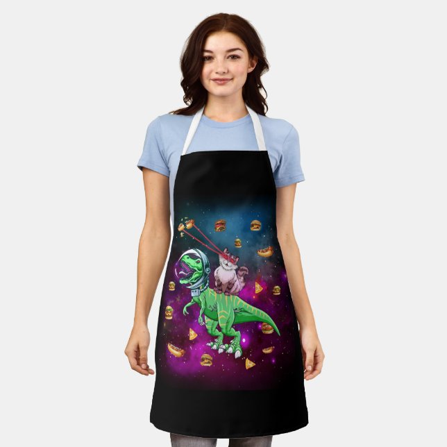 Laser Eye Cats in Space T rex Dinosaur Apron (Worn)