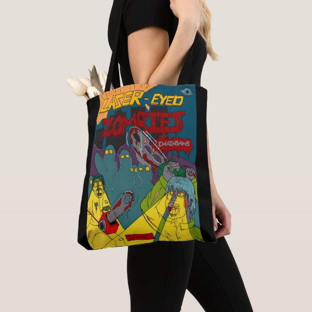 Laser-Eyed Zombies with Chainsaws Tote Bag (Close Up)