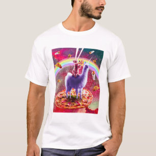 Laser Eyes Outer Space Cat Riding On Llama Unicorn T-Shirt