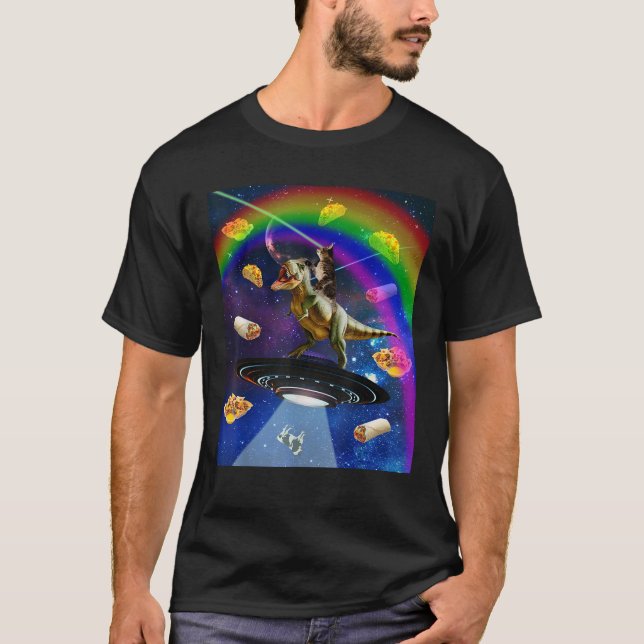 Laser Eyes Outer Space Cat Riding On T Rex Dinosau T-Shirt (Front)