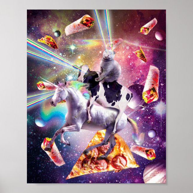 Laser Eyes Space Cat On Cow Unicorn - Rainbow Poster (Front)
