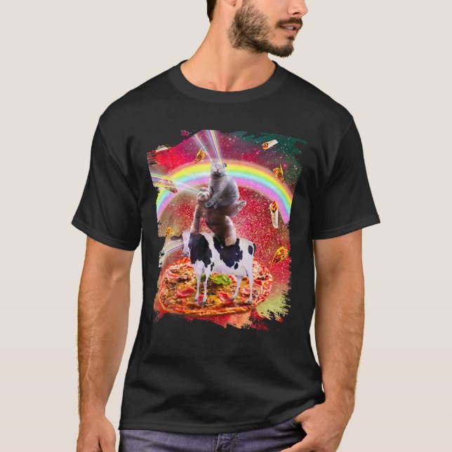 Laser Eyes Space Cat on Sloth Cow Rainbow T Shirt (Front)