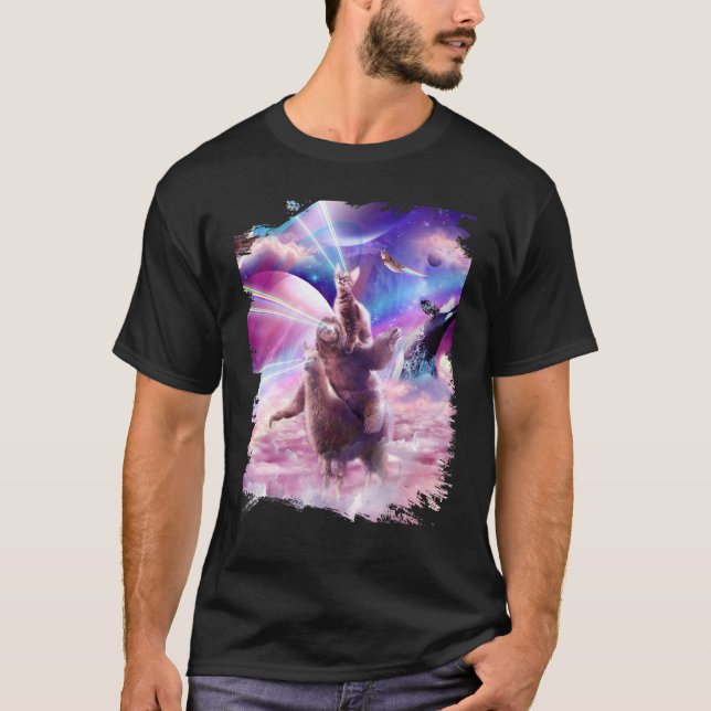Laser Eyes Space Cat On Sloth Llama  Rainbow T-Shirt (Front)
