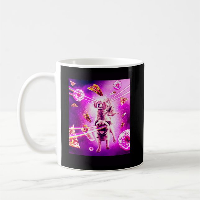 Laser Eyes Space Cat Riding Dog Pug  Rainbow  Coffee Mug (Left)
