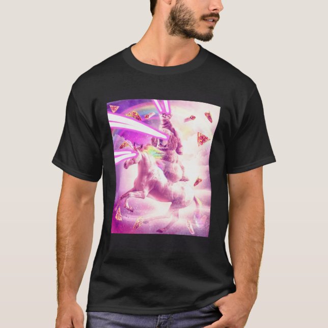 Laser Eyes Space Cat Riding Dog Unicorn  Rainbow T-Shirt (Front)