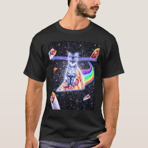 Laser Eyes Space Cat Riding Rainbow Pizza T-Shirt