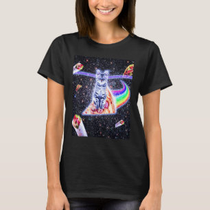 Laser Eyes Space Cat Riding Rainbow Pizza T-Shirt