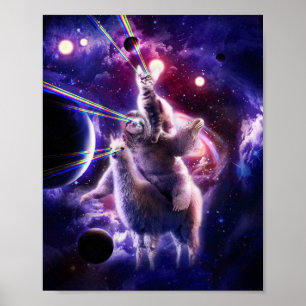 Laser Eyes Space Cat Riding Sloth Llama - Rainbow Poster