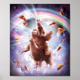 Laser Eyes Space Cat Riding Sloth, Llama - Rainbow Poster