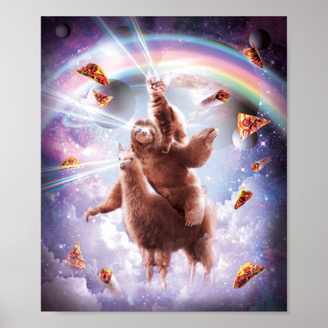 Laser Eyes Space Cat Riding Sloth, Llama - Rainbow Poster (Front)