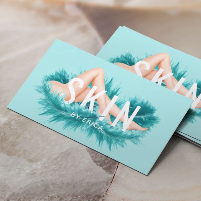 Laser Hair Removal & Skin Care Teal Feather Mint Business Card (Creator Uploaded)