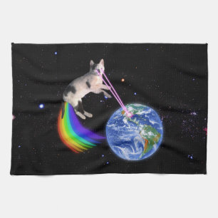 Laser Rainbow Space Cat Tea Towel