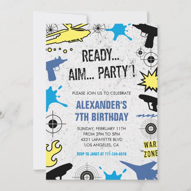 Laser tag birthday invitations war hunting kids (Front)