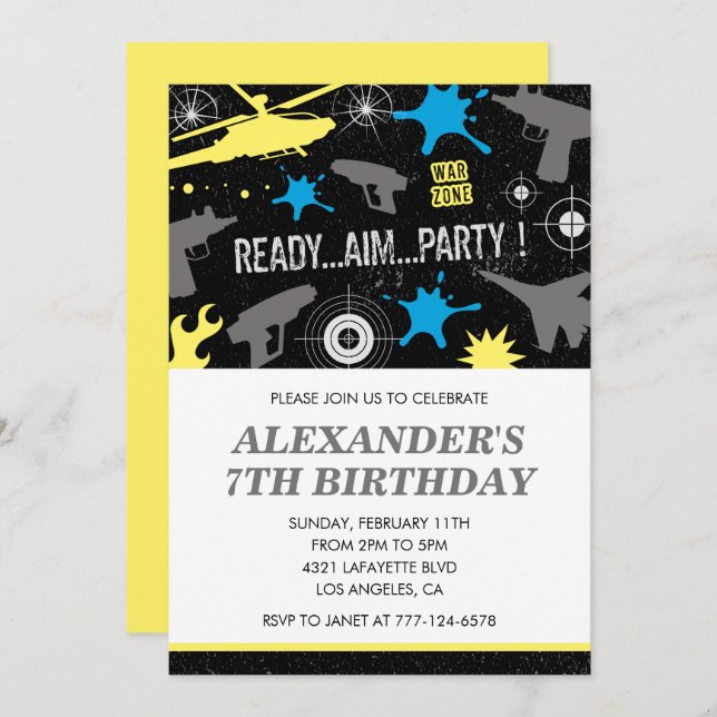 Laser tag birthday invitations, war invitation (Front/Back)
