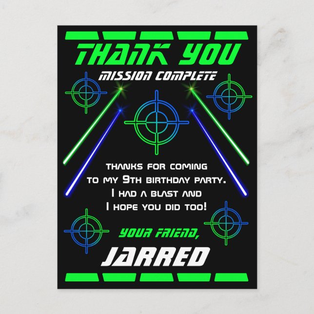 Laser Tag Birthday Party Thank You Postcard (Front)
