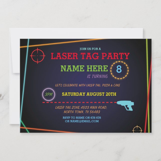 Laser Tag Birthday Party Zone Neon Laser Gun Fun! Invitation (Front)