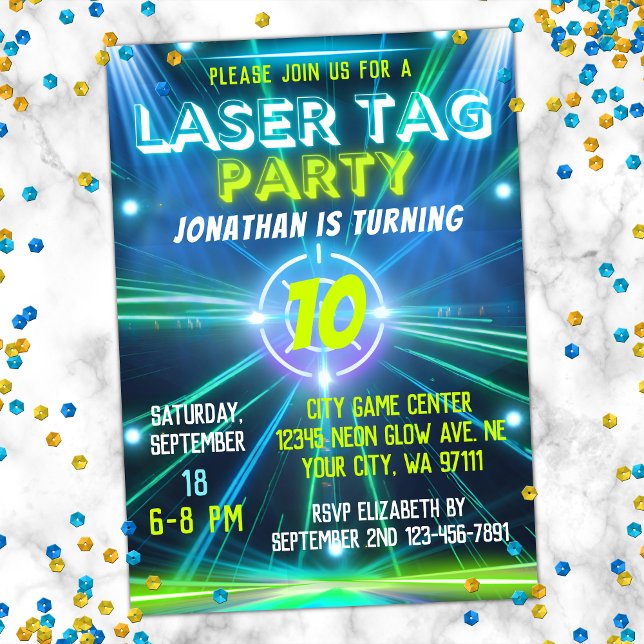 Laser Tag Blue Green Neon Glow Boys Birthday Party Invitation (Creator Uploaded)