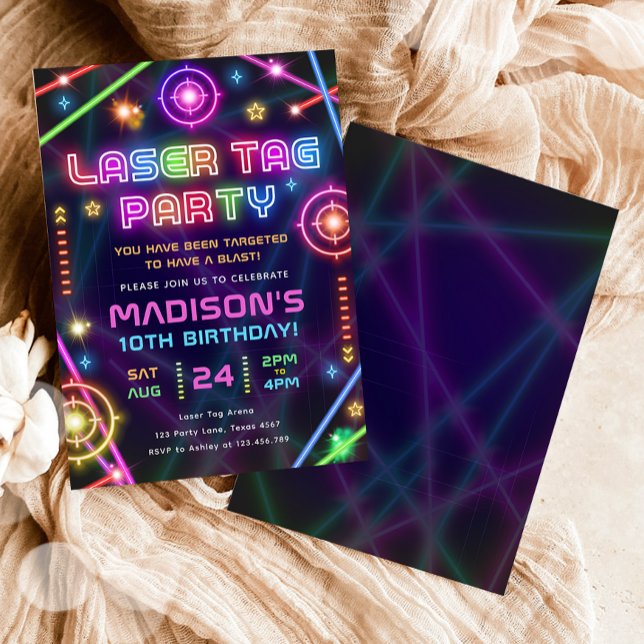 Laser Tag Neon Glow Arcade Party Girl Birthday Invitation (Creator Uploaded)