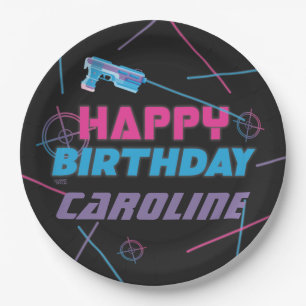 Laser Tag Pink Purple Blue Happy Birthday Paper Plate