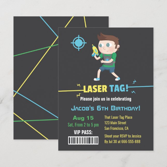 Laser Tag VIP Pass Boys Birthday Party Invitations (Front/Back)