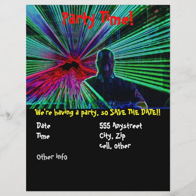 Lasers on DJ party flyer (Front)