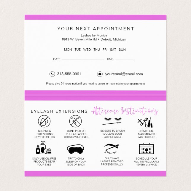 Lash Aftercare Instructions & Appointment Reminder Business Card (Inside Unfolded)