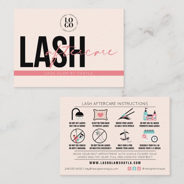 Lash Aftercare Instructions Extensions Care Cards (Front/Back)