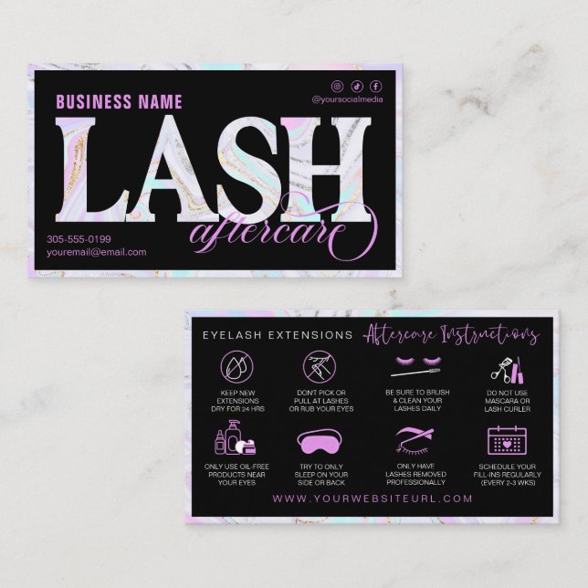 Lash Aftercare Instructions Fuchsia Marbled Swirl  Business Card (Front/Back)